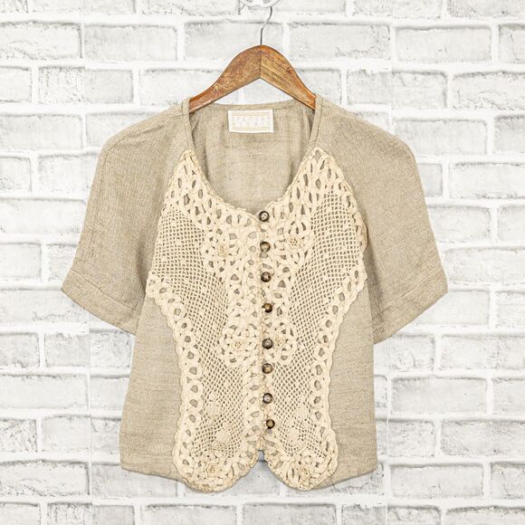 Spencer Alexis Women's Short Sleeve Crochet front Blouse in natural beige 8 - Picture 2 of 7